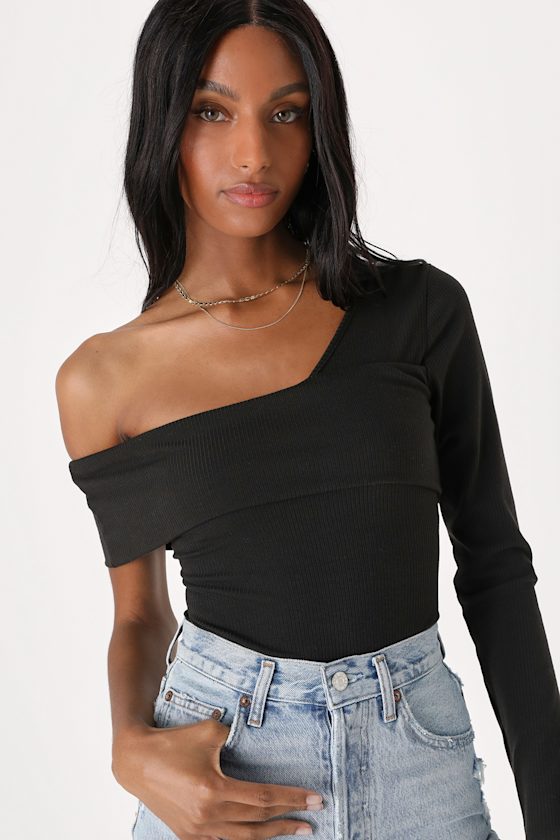 Black Bodysuit OneShoulder Bodysuit Ribbed Knit Bodysuit Lulus