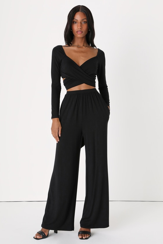 Black Jersey Knit Jumpsuit - 2-Piece Jumpsuit - Wrap Jumpsuit - Lulus