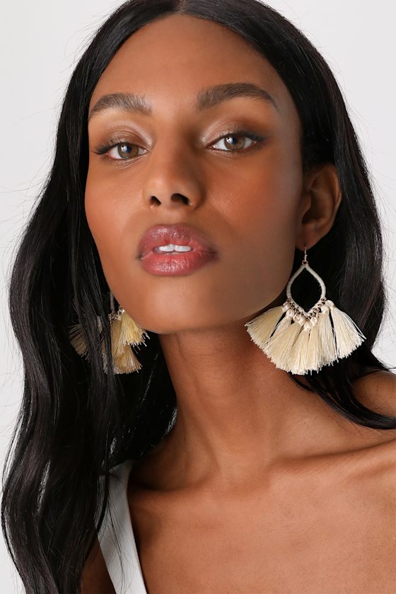 Beige Fringed Earrings Statement Earrings Tasseled Earrings Lulus