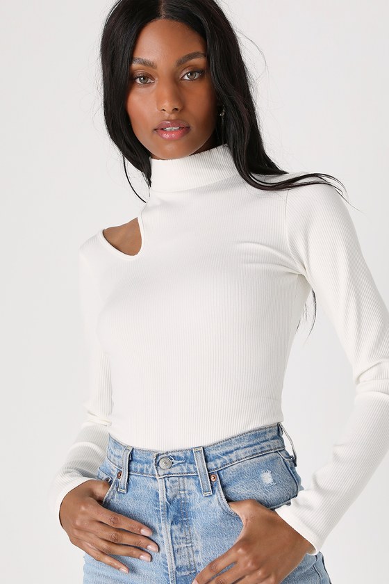 White Ribbed Bodysuit - Cutout Bodysuit - Mock Neck Bodysuit - Lulus