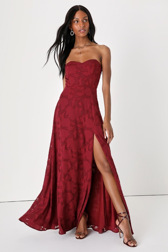 Lulus Garden Of Romance Burgundy Floral Burnout Strapless Maxi Dress