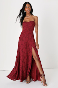 Garden of Romance Burgundy Floral Burnout Strapless Maxi Dress