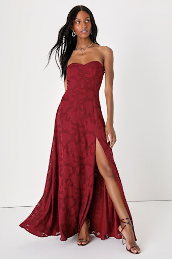 Garden of Romance Burgundy Floral Burnout Strapless Maxi Dress 1