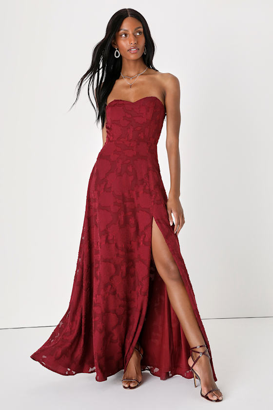 Garden of Romance Burgundy Floral Burnout Strapless Maxi Dress 1