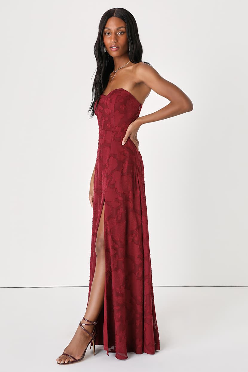 Garden of Romance Burgundy Floral Burnout Strapless Maxi Dress