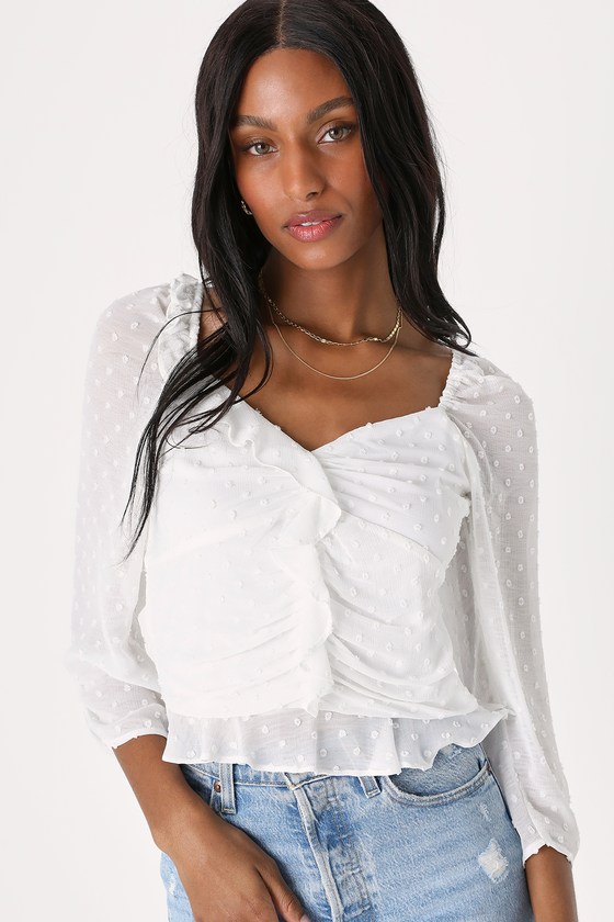 Ivory Ruched Top - Ruffled Swiss Dot Top - Ruffled Blouse - Lulus