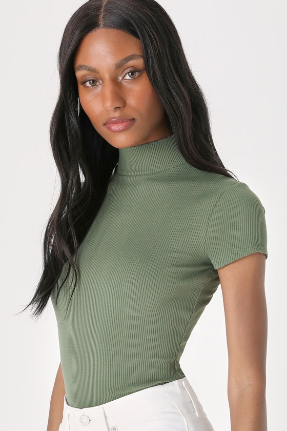 Lulus Never-ending Trend Olive Green Ribbed Mock Neck Bodysuit