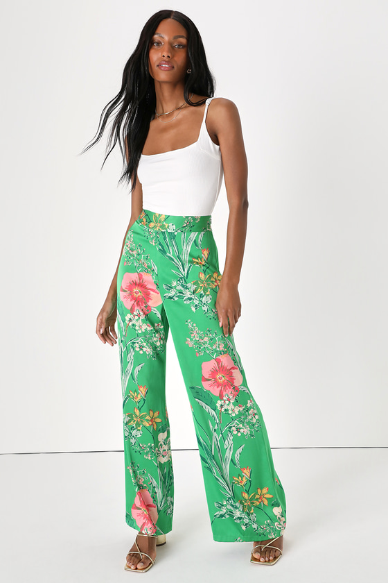 Lulus Thriving Vibes Bright Green Floral Print Satin Wide-leg Pants