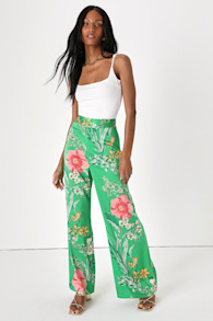 Thriving Vibes Bright Green Floral Print Satin Wide-Leg Pants 1