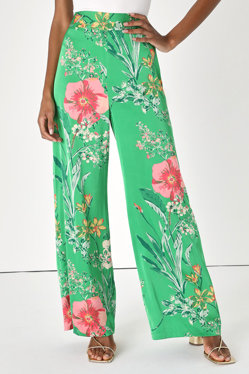 Thriving Vibes Bright Green Floral Print Satin Wide-Leg Pants