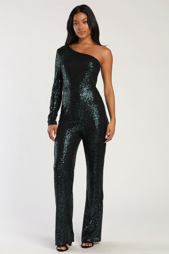 Emerald Green Jumpsuit Sequin Jumpsuit OneShoulder Jumpsuit Lulus