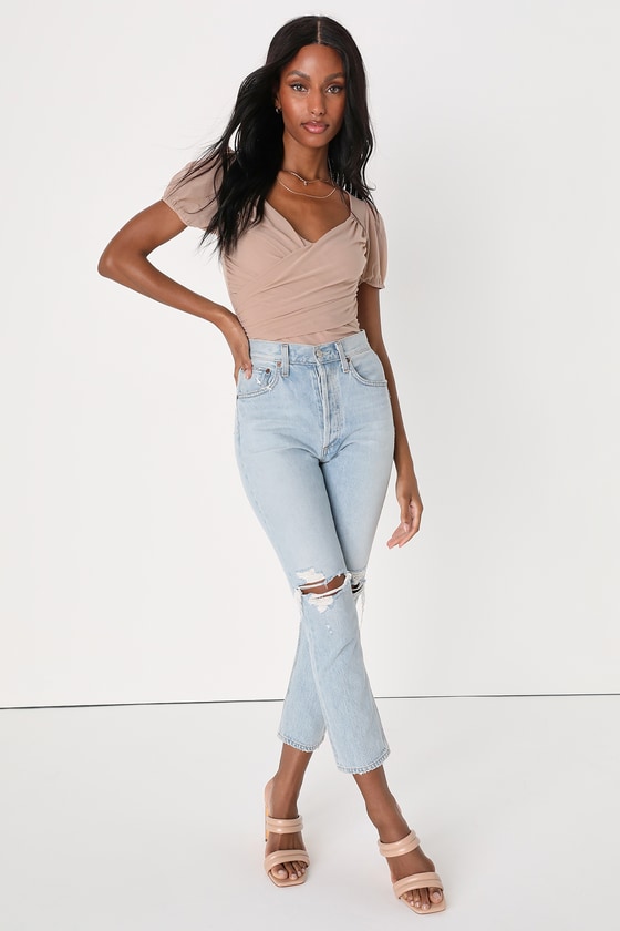 Beige Mesh Top Short Puff Sleeve Top Ruched Mesh Top Lulus
