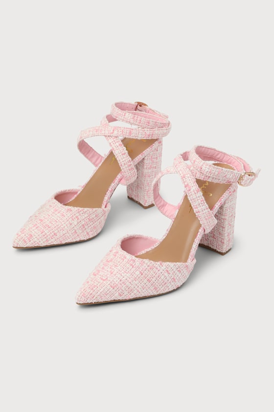 Panzy Pink Boucle Pointed-Toe Ankle Wrap Pumps 2