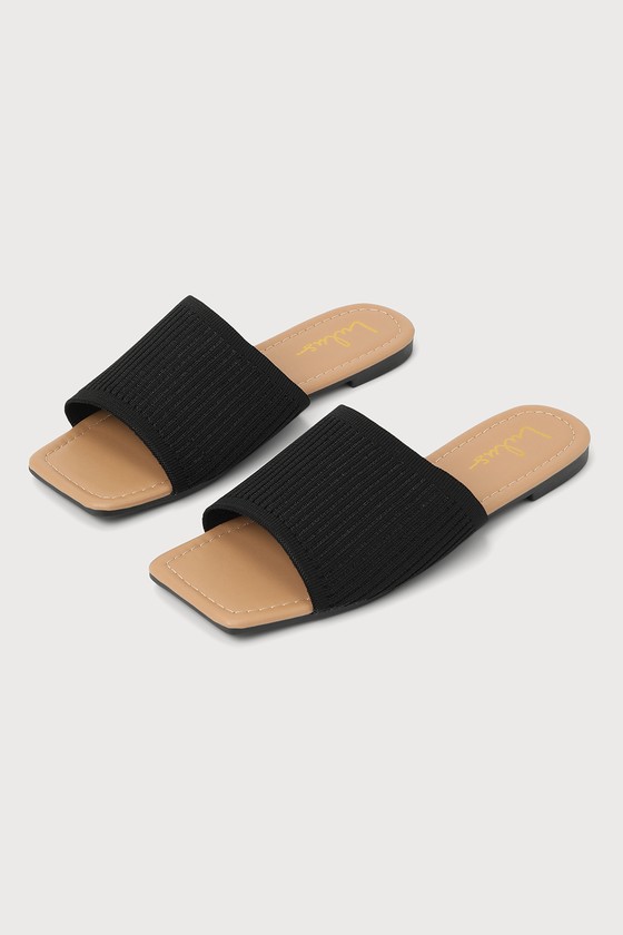 Beckee Black Ribbed Knit Square Toe Slide Sandals