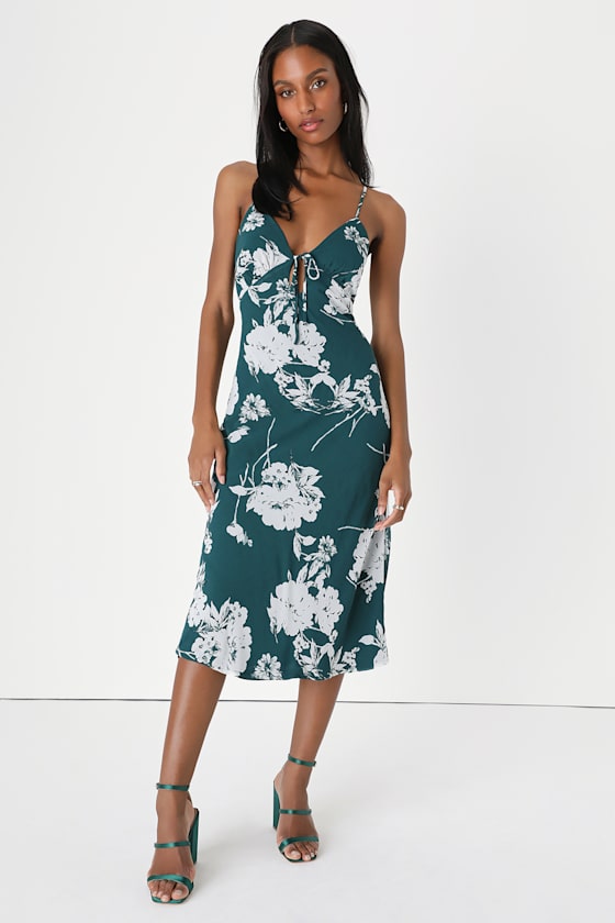 Lulus Flirtatious Essence Emerald Green Floral Lace-up Midi Dress | ModeSens