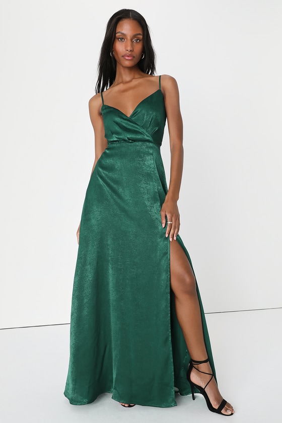 Sexy Emerald Green Maxi Dress - Satin Maxi Dress - Surplice Dress - Lulus