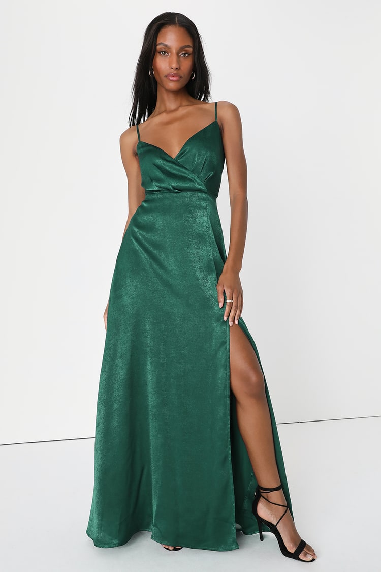 Sexy Emerald Green Maxi Dress Satin Maxi Dress Surplice Dress -