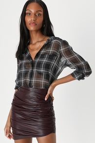 Cool Factor Dark Plum Purple Ruched Vegan Leather Mini Skirt