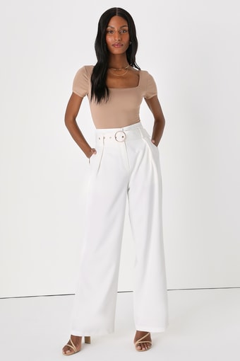 Confident Vibes White Belted Wide-Leg Trouser Pants