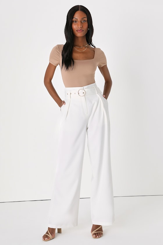 Confident Vibes White Belted Wide-Leg Trouser Pants 1