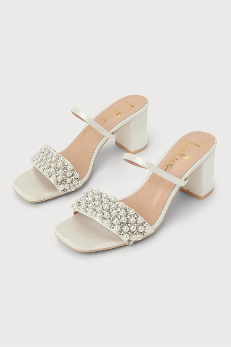 Karcen Ivory Satin Pearl Rhinestone High Heel Slide Sandals
