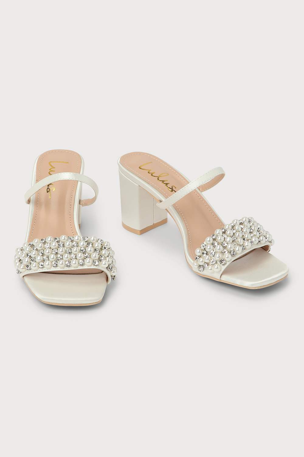 Karcen Ivory Satin Pearl Rhinestone High Heel Slide Sandals