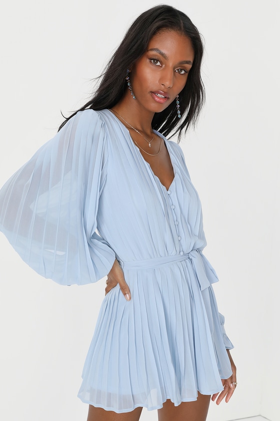 Lulus Lovely Disposition Light Blue Pleated Long Sleeve Romper