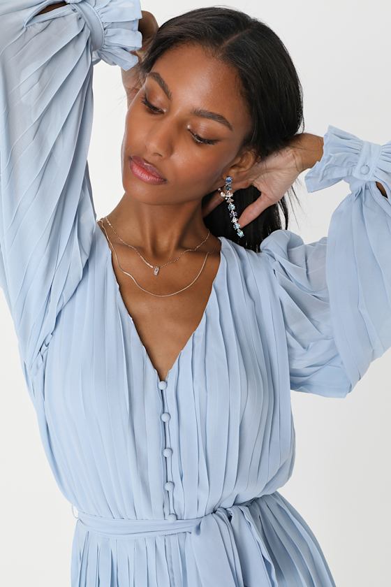 Light Blue Romper - Pleated Romper - Balloon Sleeve Romper - Lulus