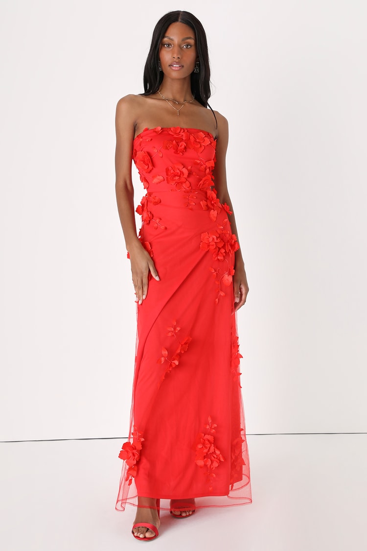 3D Floral Maxi Dress - Red Floral Prom Dress - Strapless Dress - Lulus