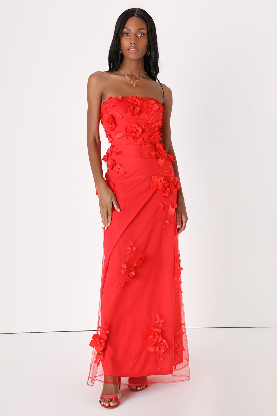 3D Floral Maxi Dress Red Floral Prom Dress Strapless Dress Lulus