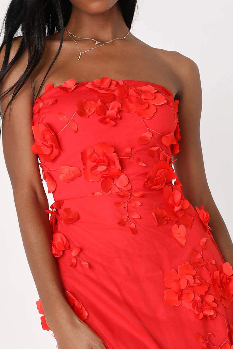 Remarkable Refinement Red Floral Strapless Maxi Dress Remarkable Refinement Red Floral Strapless Maxi Dress