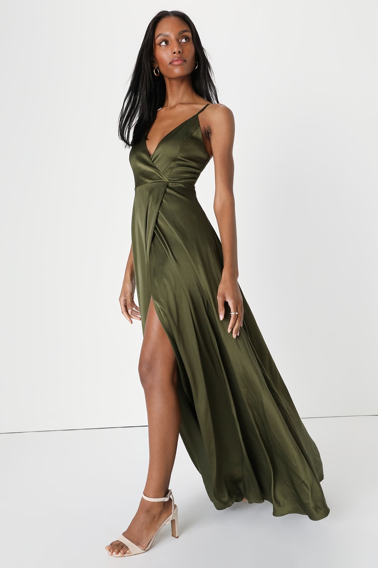 Ode to Love Olive Green Satin Maxi Dress