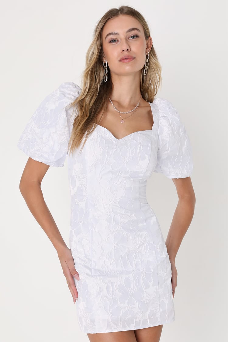 Beyond Amazing White Floral Jacquard Puff Sleeve Dress