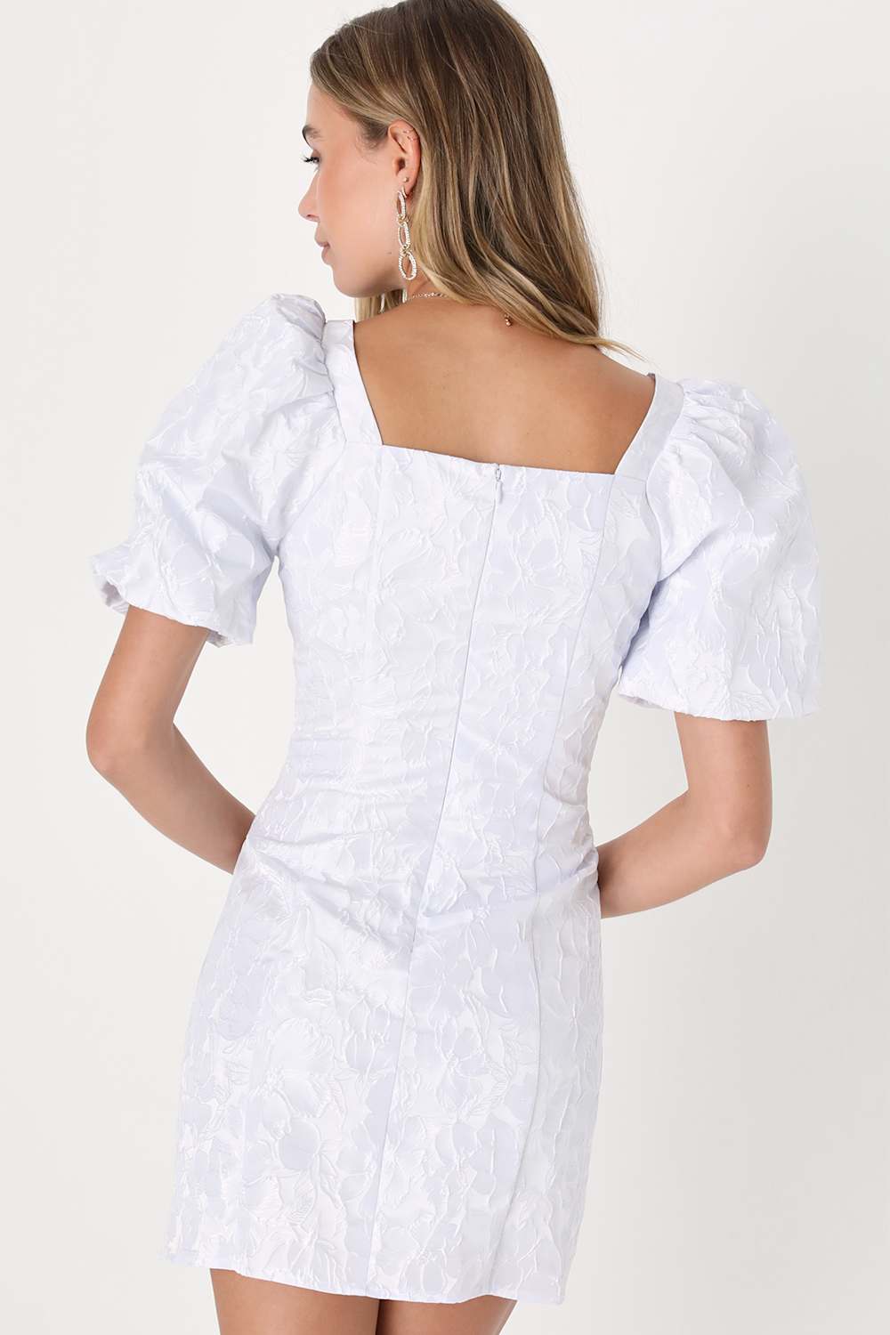 Beyond Amazing White Floral Jacquard Puff Sleeve Dress