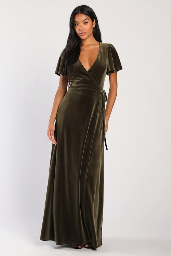 Memorable Romance Olive Green Velvet Maxi Wrap Dress 10