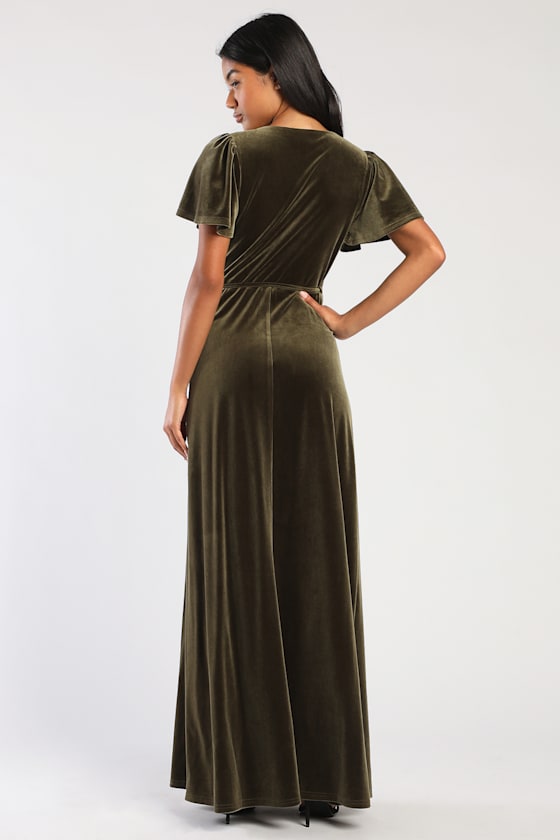 Memorable Romance Olive Green Velvet Maxi Wrap Dress 2