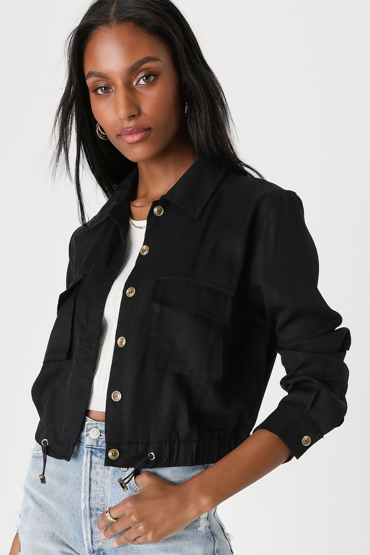 Cute Black Jacket - Collared Coat - Utility Jacket - Cargo Jacket