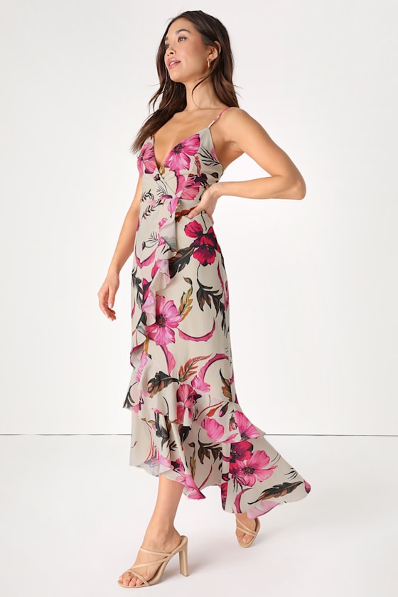 Lovely Ways Light Beige Floral Print Ruffled Tulip Midi Dress 8