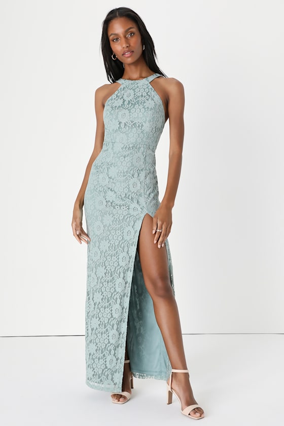 Lovely Flirt Sage Lace Backless Halter Neck Maxi Dress