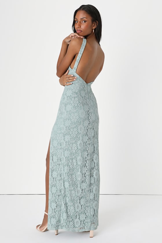 Lovely Flirt Sage Lace Backless Halter Neck Maxi Dress
