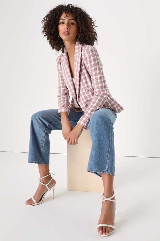 Pink plaid blazer sales