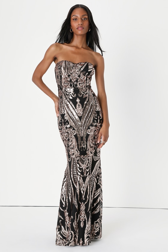 Black and Gold Dress - Sequin Dress - Strapless Maxi Dress - Lulus