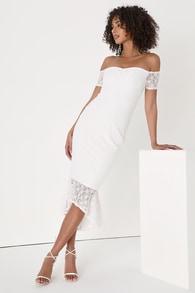 Definition of Gorgeous Ivory Lace Off-the-Shoulder Midi Dress