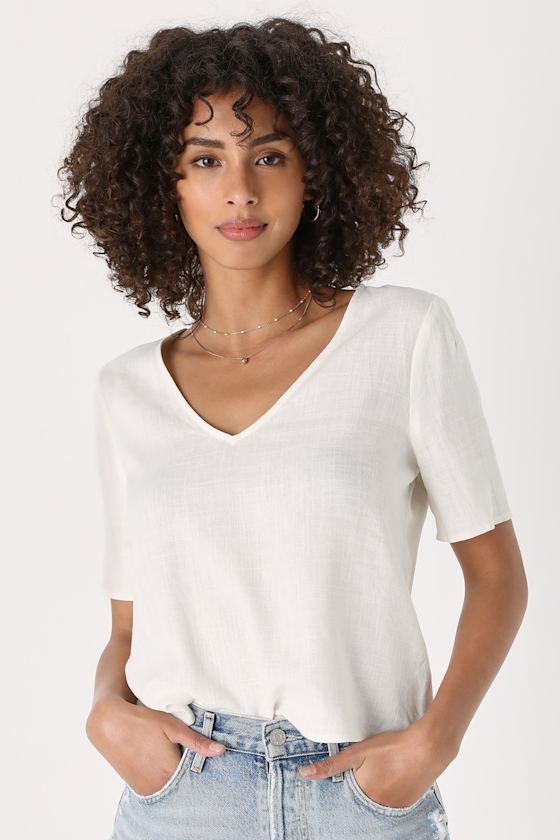 Linen VNeck Top White Short Sleeve White Linen Top Lulus