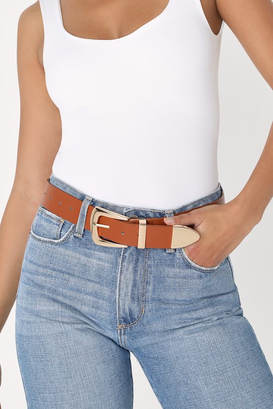 Cognac Belt Gold Buckle Belt Oversized Buckle Belt Lulus