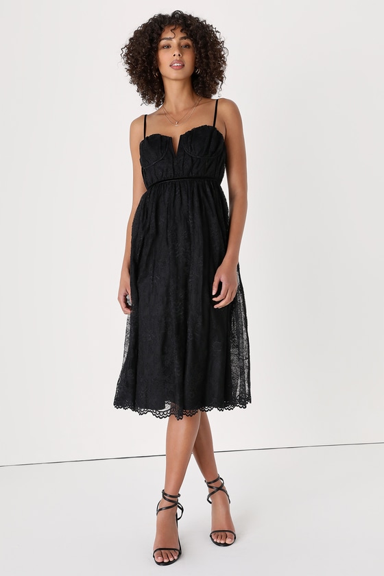 Lulus Dreamy Entrance Black Lace Bustier Sleeveless Midi Dress