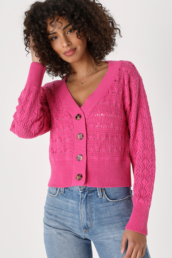 Pink Knit Cardigan - Pointelle Knit Cardigan - Loose Knit Cardi - Lulus