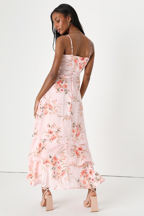 Remarkable Beauty Blush Pink Floral Satin Ruffled Midi Dress