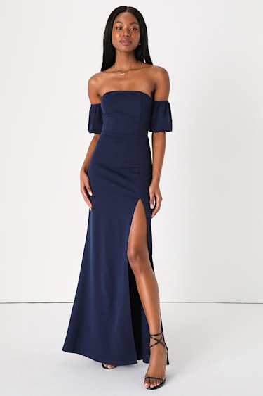 blue off the shoulder maxi dress Baltic Born Womens Bellina | shoulder neckline (with hidden no Navy Dress Blue Off Shoulder