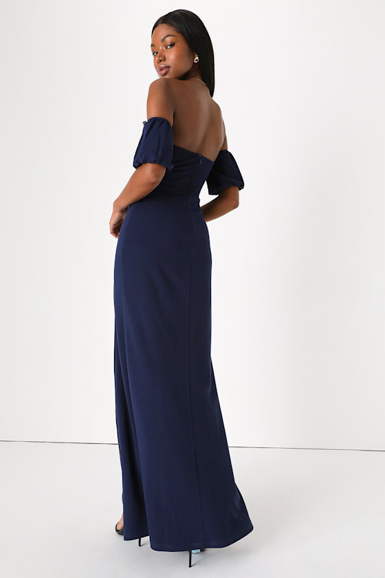 Fanciful Allure Navy Blue Off-the-Shoulder Maxi Dress 1